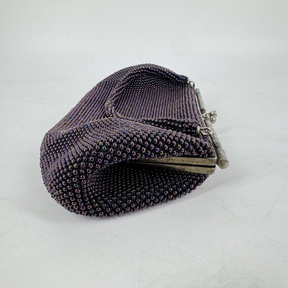 Vintage Purple Beaded Evening Bag Clutch Purse Silver Frame Kiss Lock 10” - Picture 5 of 11